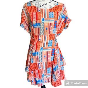 Line & dot 100% silk mini colorful geometric design ruffle dress w tie sz M